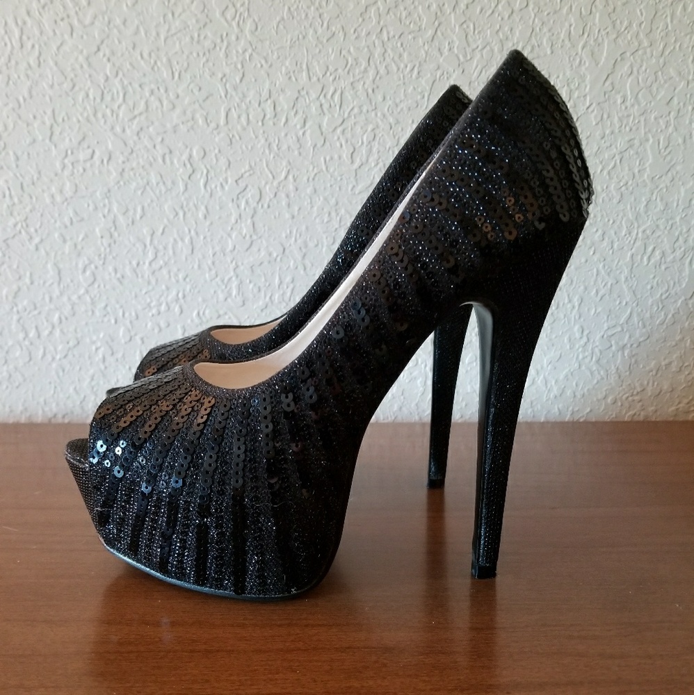 Liliana black sequin glitter heels